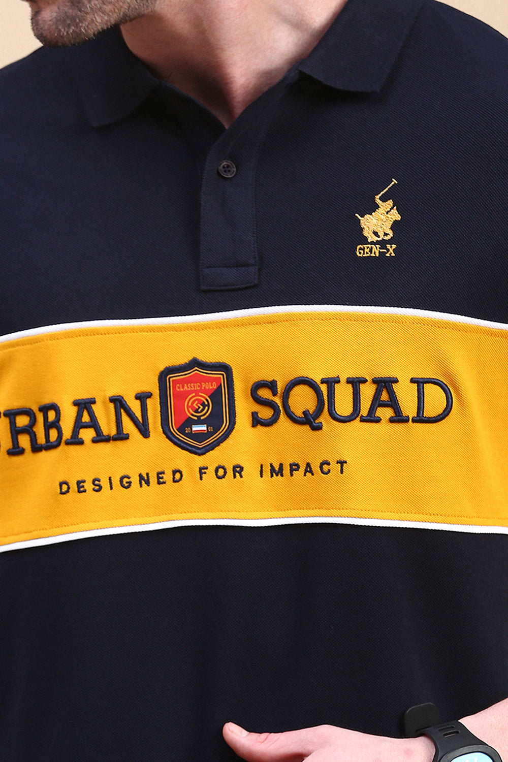 Classic Polo Men's Half Sleeve Navy/Mustard Polo Neck Slim Fit Embroidery T-Shirt