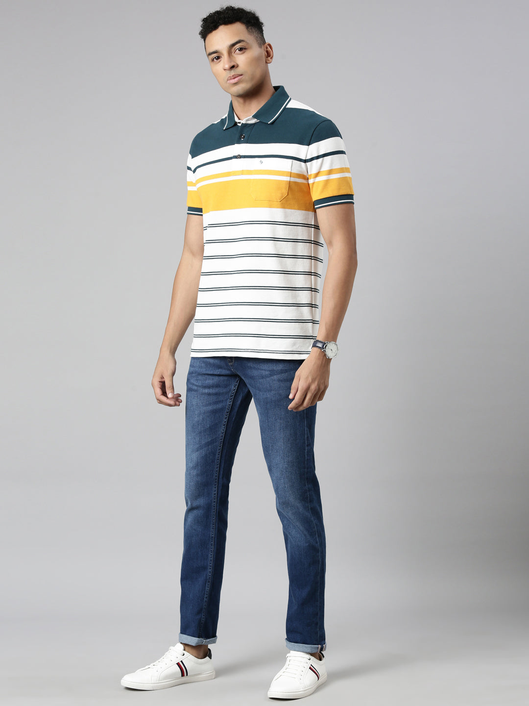 Classic Polo Men's Polo Neck Cotton White/Navy Slim Fit Striped T-Shirt | VTA-270 B SF P