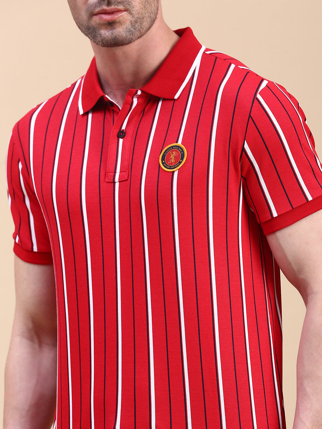 Classic Polo Men's Half Sleeve Red/White Polo Neck Slim Fit Striped T-Shirt||GENX-POLO 37 B SF P