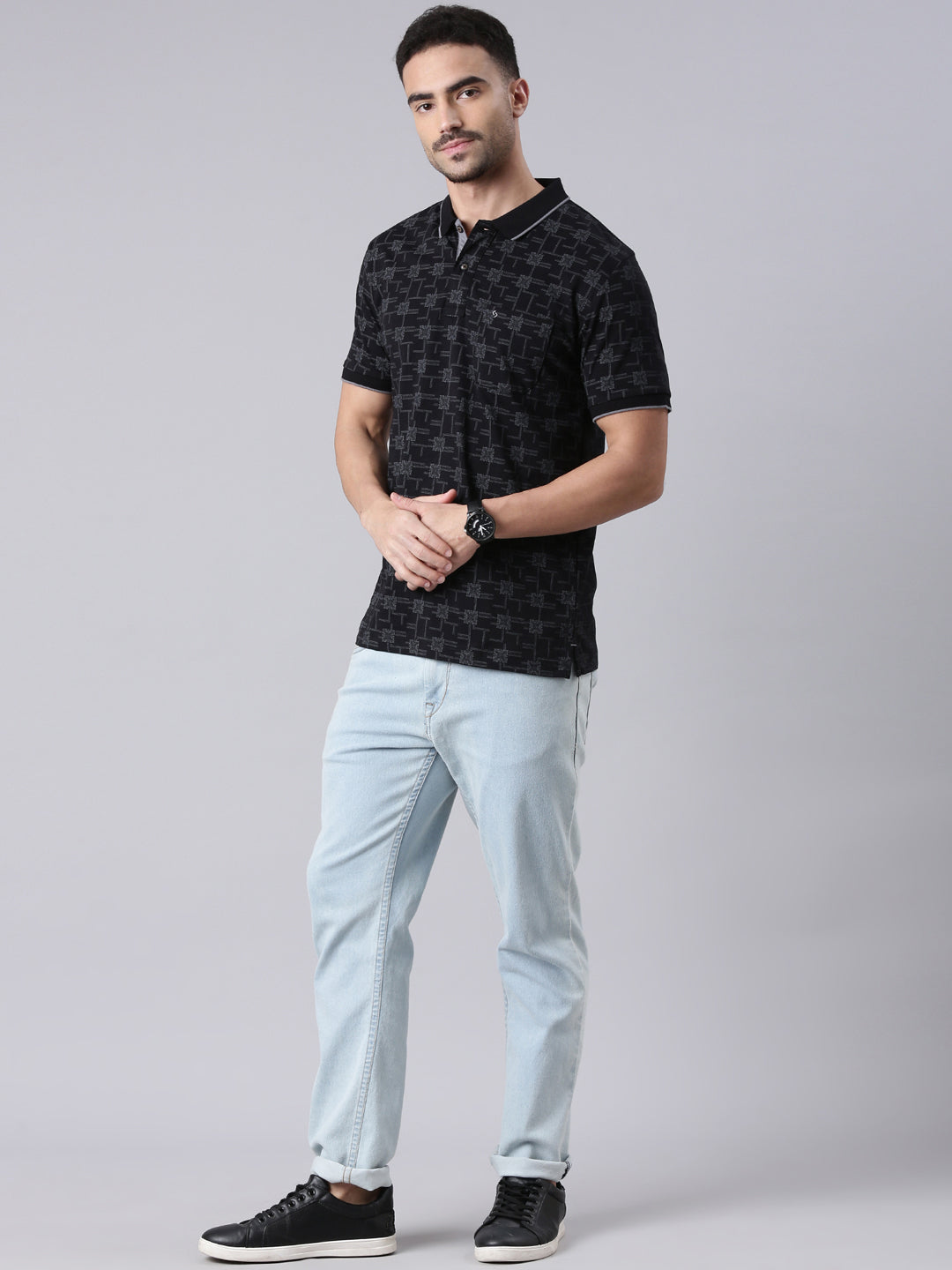 Classic Polo Men's Half Sleeve Black/Grey Polo Neck Slim Fit All Over Print Cotton T-Shirt | BELLO - 324 A SF P