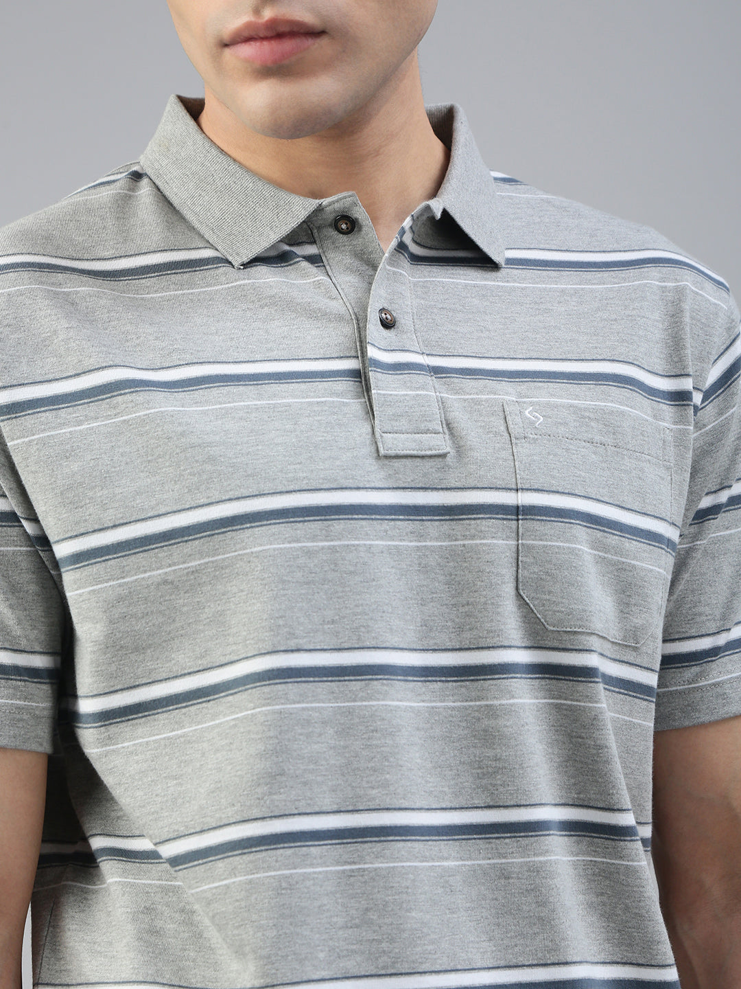 Classic Polo Men's Half Sleeve Grey/White Polo Neck Authentic Fit Striped T-Shirt||AVON - 606 B AF P
