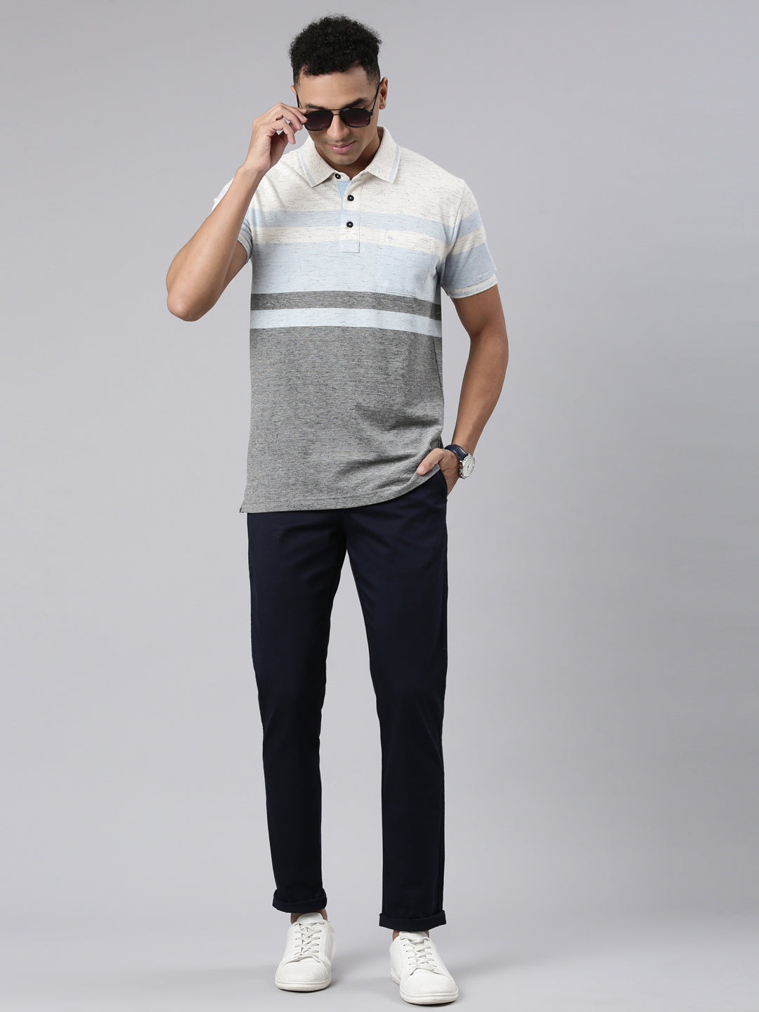 Classic Polo Men's Half Sleeve White/Blue Polo Neck Cotton Blend Slim Fit T-Shirt | VTA - 272 B SF P
