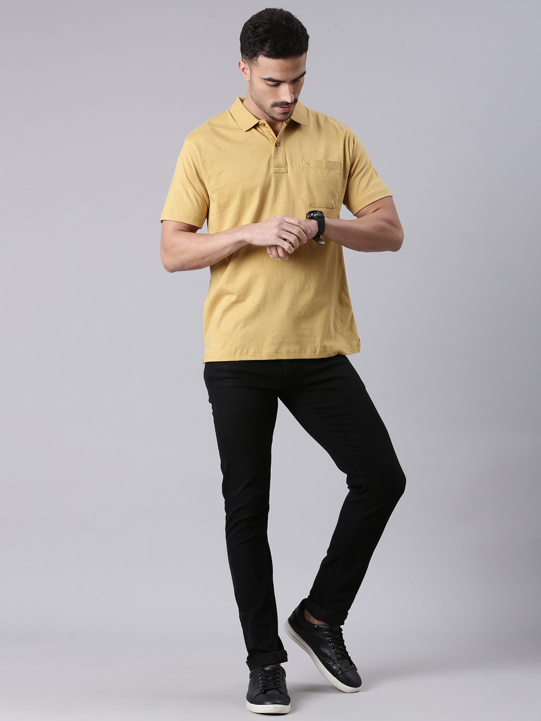 Classic Polo Men's Half Sleeve Mustard Yellow Polo Neck Authentic Fit Solid Cotton T-Shirt | TOY-SOLIX-MUSTURD AF P