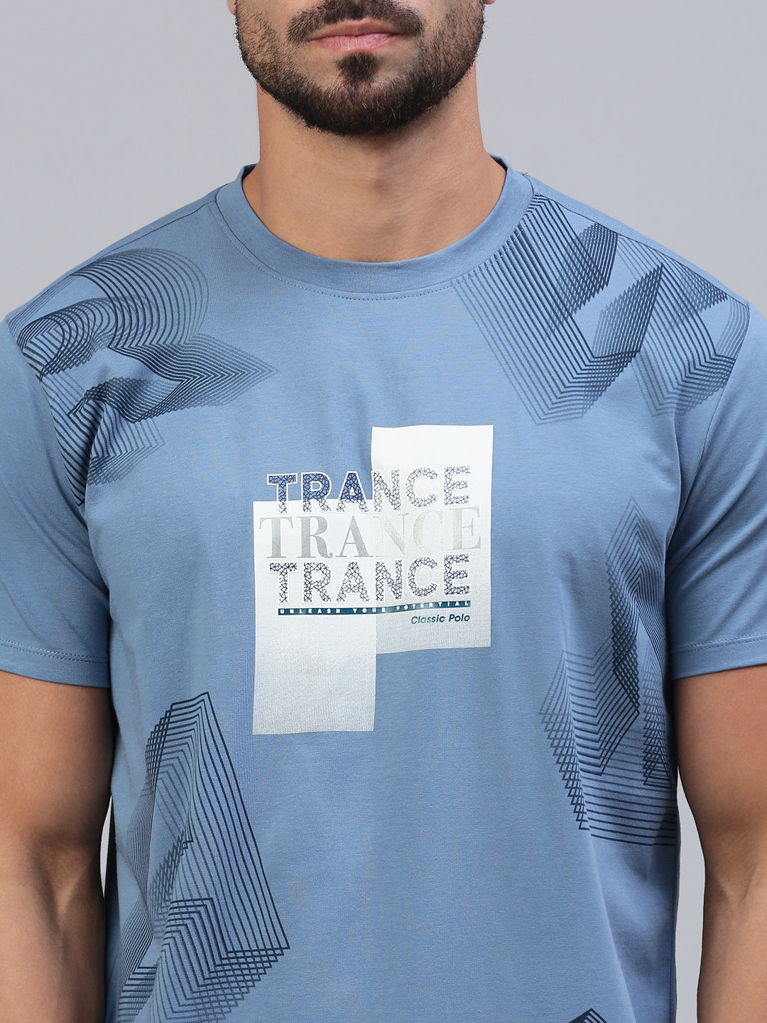 Classic Polo Men's Half Sleeve Blue Crew Neck Slim Fit Printed T-Shirt||BALENO - 623 B SF C