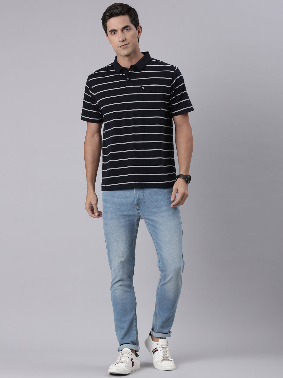 Classic Polo Men's Half Sleeve Black/White Polo Neck Authentic Fit Striped Cotton T-Shirt | LTS-STR - 83 B AF P