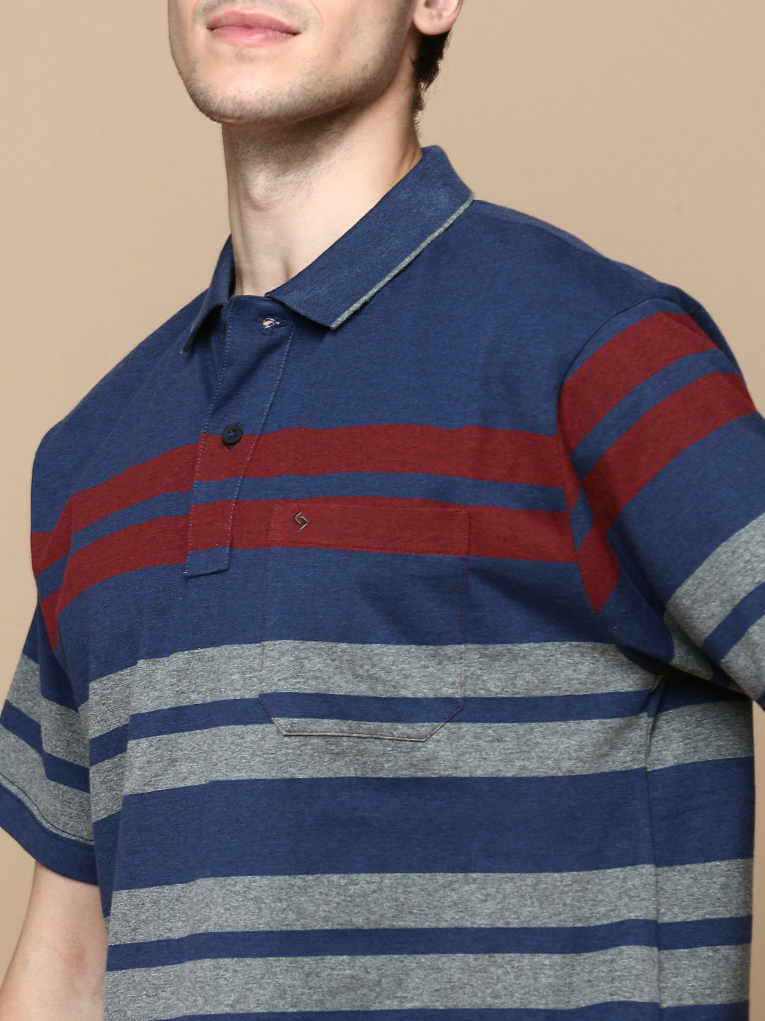 Classic Polo Men's Half Sleeve Navy/Grey Polo Neck Authentic Fit Striped T-Shirt | MEL - 257 A AF P