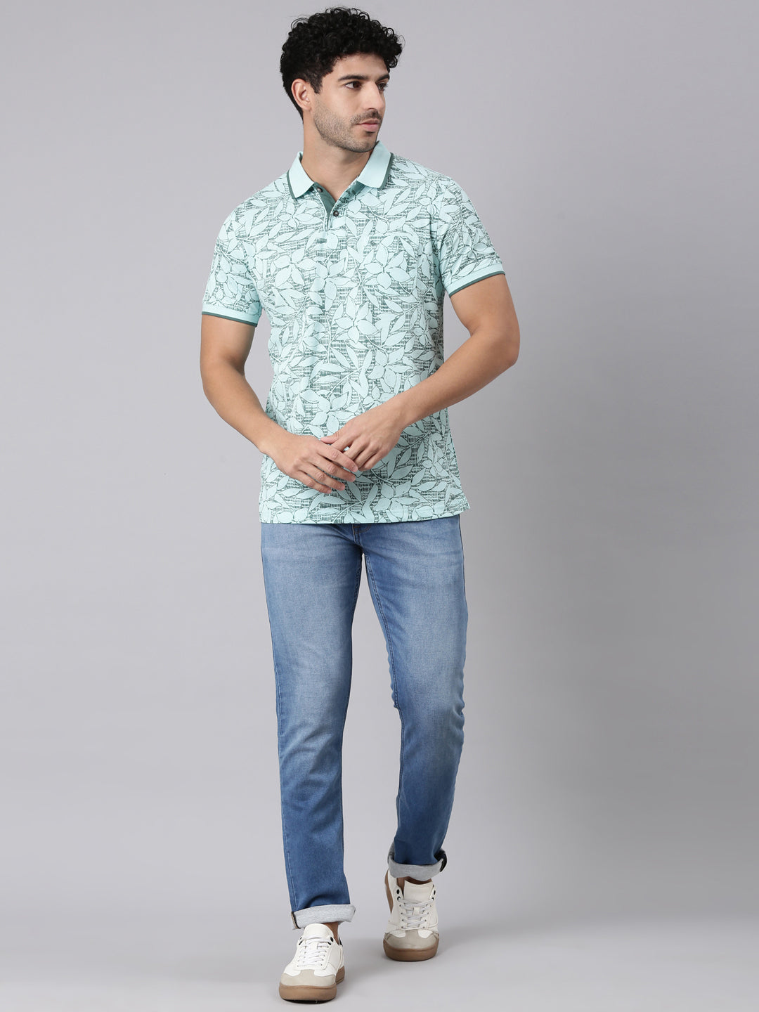 Classic Polo Men's Half Sleeve Green Polo Neck Slim Fit All-Over Print Cotton T-Shirt | BEAU - 311 A SF P