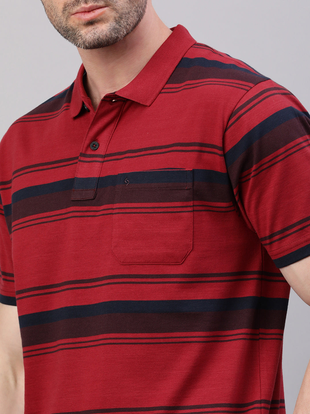Classic Polo Men's Half Sleeve MaroonBlack Polo Neck Authentic Fit Striped T-Shirt||AVON - 616 A AF P