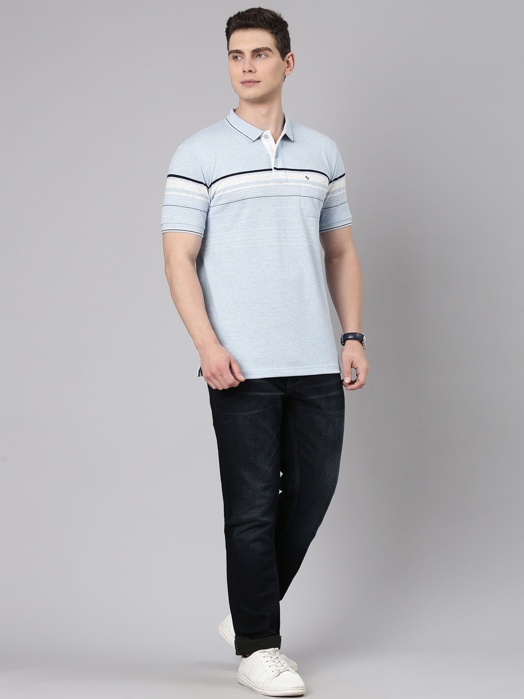 Classic Polo Men's Half Sleeve Blue Polo Neck Slim Fit Striped Cotton Blend T-Shirt | VTA - 311 B SF P