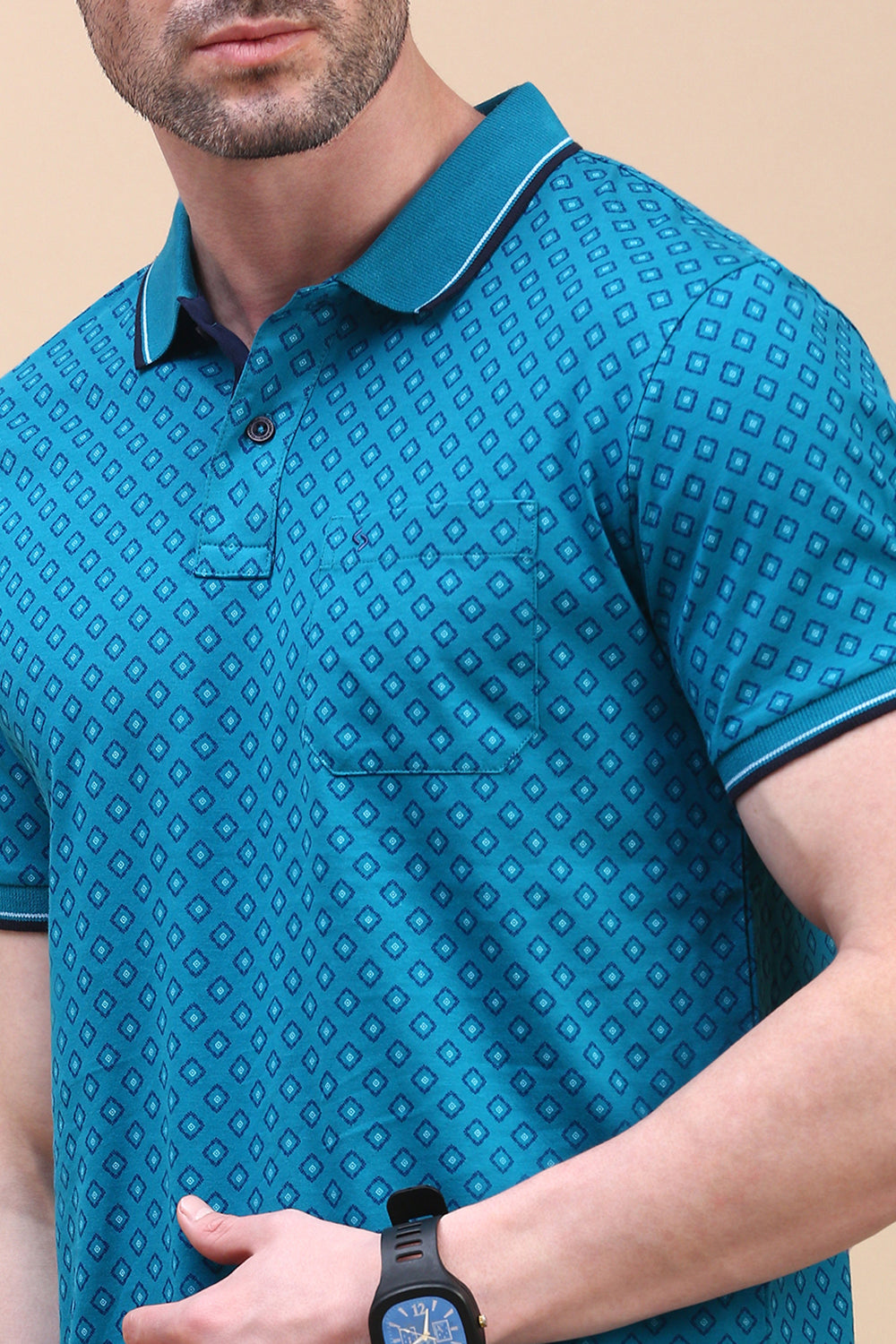 Classic Polo Men's Half Sleeve Blue Polo Neck Slim Fit All-Over Print T-Shirt