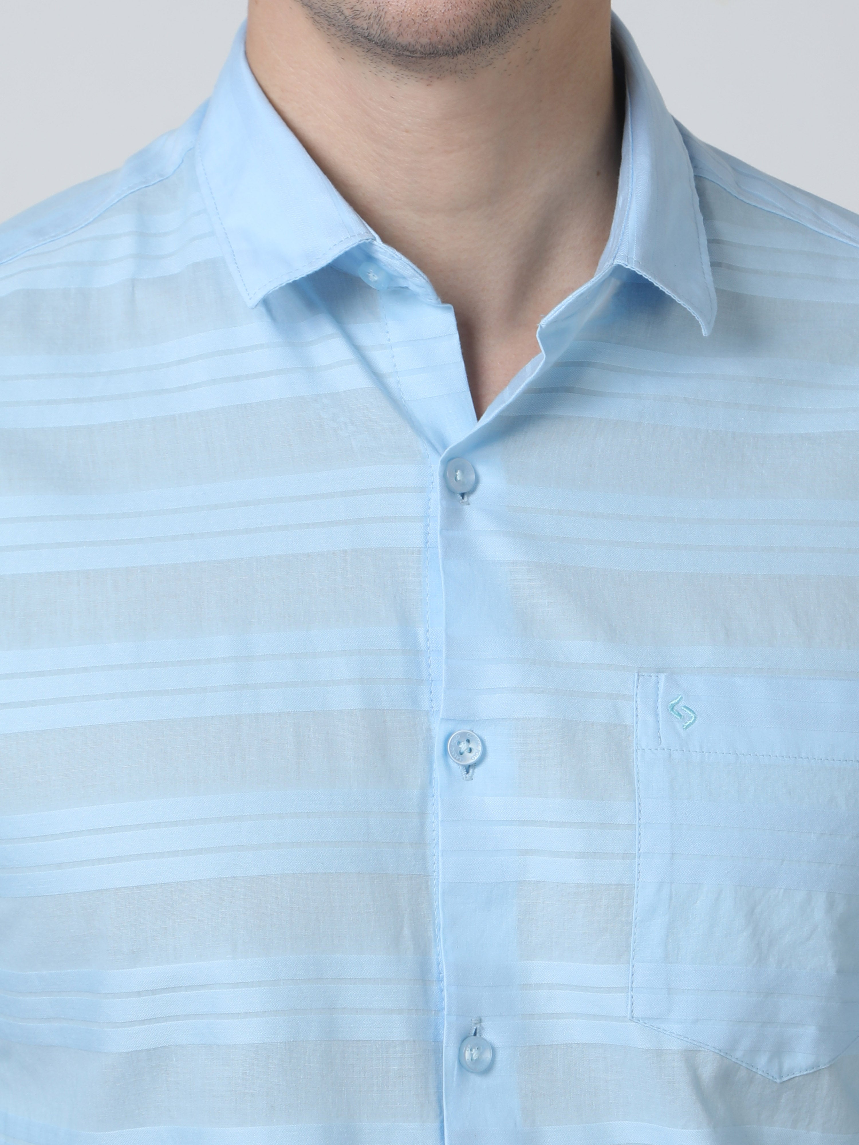 Classic Polo Mens Pure Cotton Full Sleeves Striped Slim Fit Polo Neck Light Blue Color Woven Shirt | So2-176 B-Fs-Sld-Sf