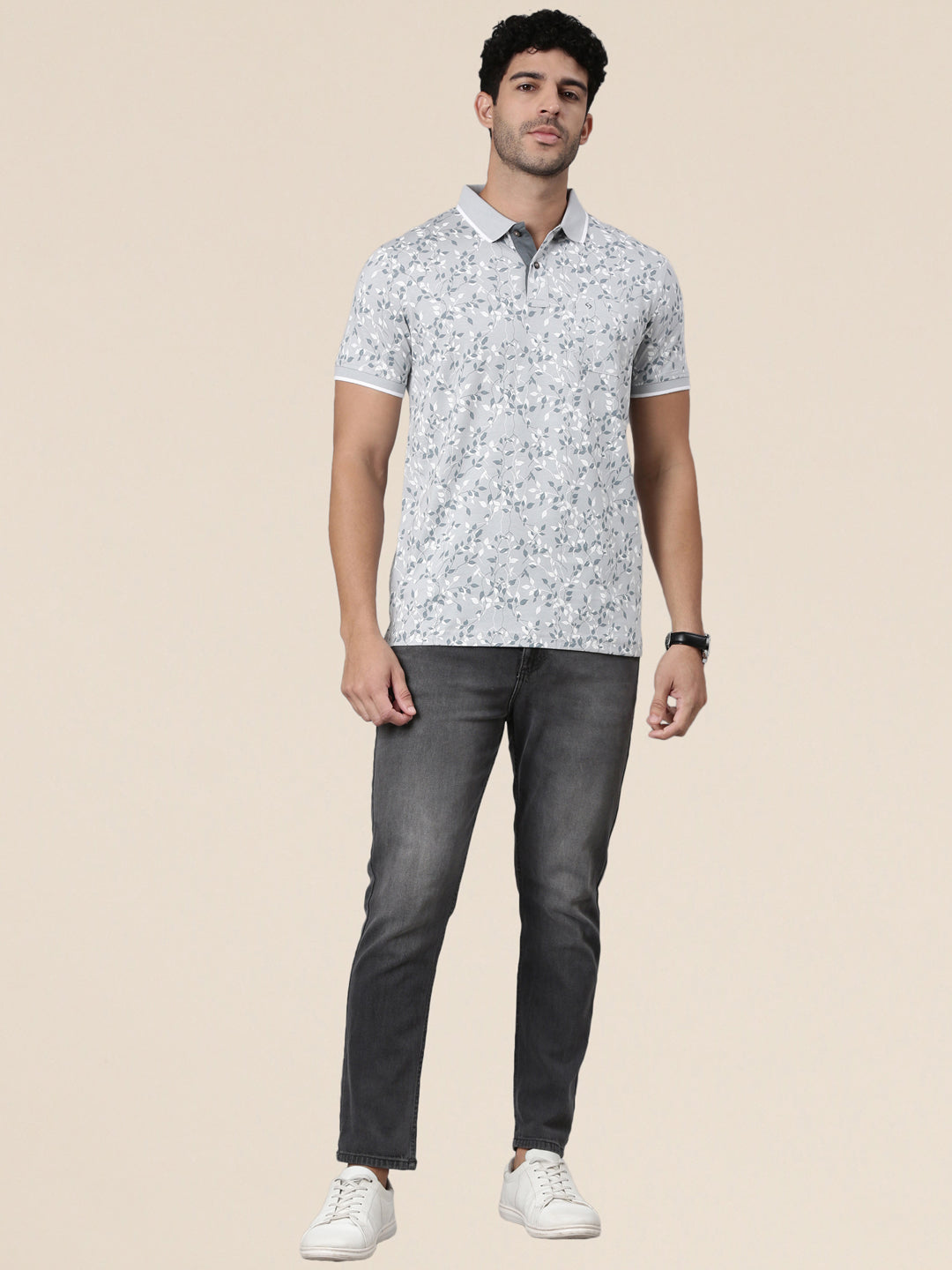 Classic Polo Men's Half Sleeve Grey/White Polo Neck Slim Fit All-Over Print Cotton T-Shirt | LTS-AOP - 123 A SF P