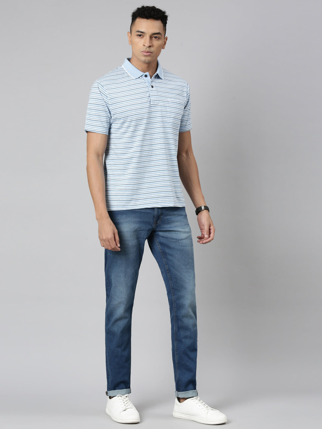 Classic Polo Men's Polo Neck Cotton White/Blue Authentic Fit Striped T-Shirt | FEEDERS-251 B AF P