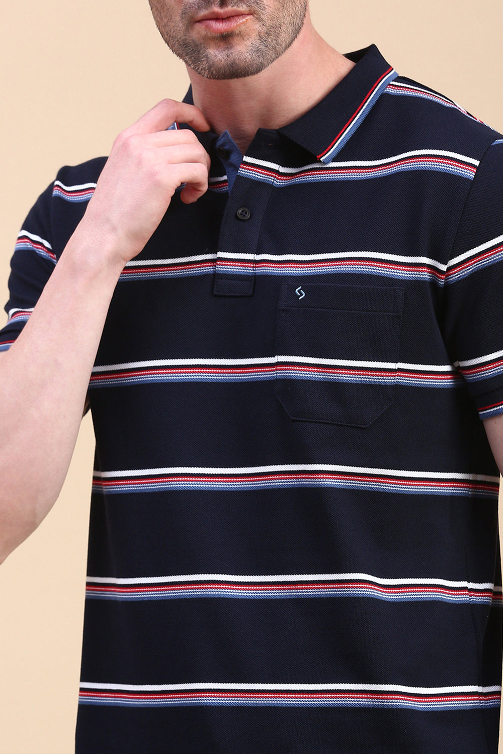 Classic Polo Men's Half Sleeve Navy Blue Polo Neck Slim Fit Striped T-Shirt