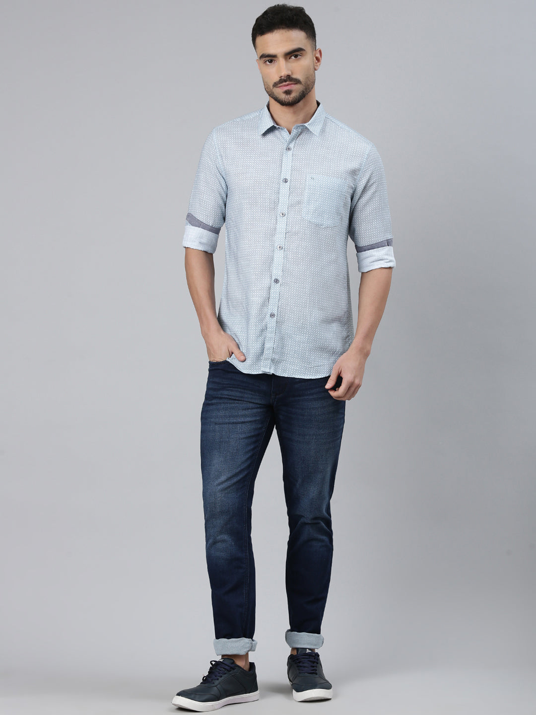 Classic Polo Men's Full Sleeve Light Blue/White Polo Neck Slim Fit All-Over Print Cotton Casual Shirt | SQ2-CL-60 A-FS-PRT-SF