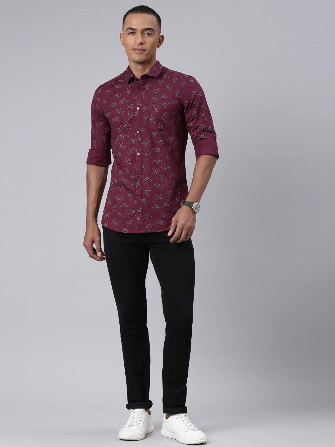 Classic Polo Bro Mens Aop Maroon Polo Neck Woven Slim Fit Shirt | SBP1-19 B-FS-PRT-BSL