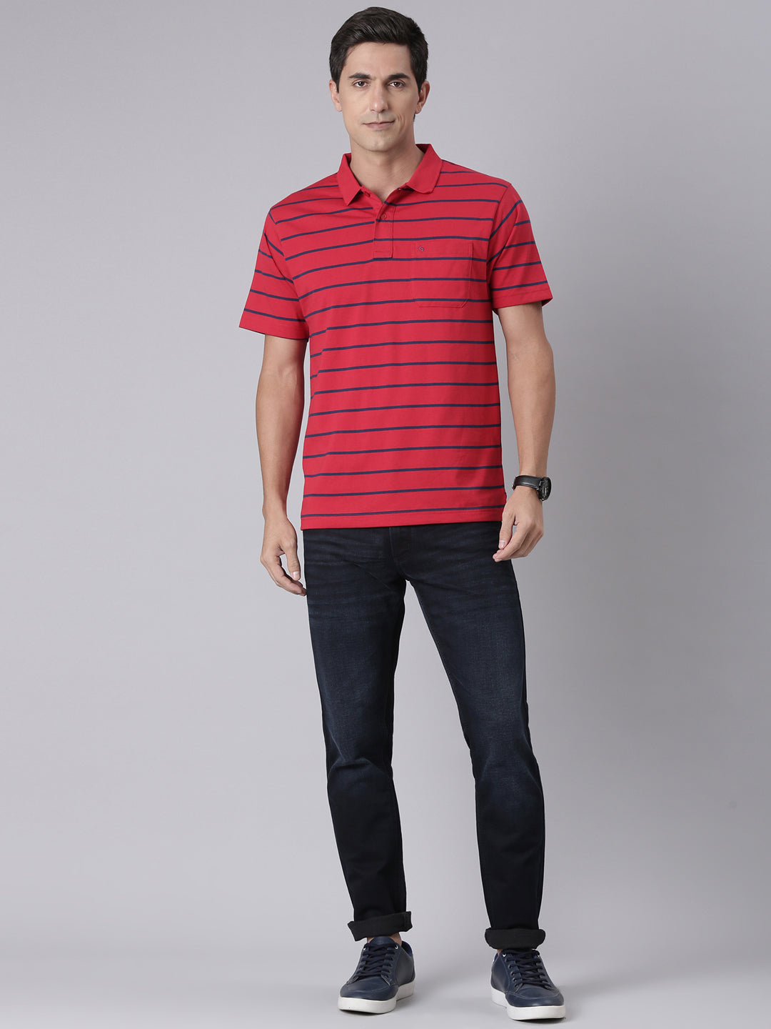 Classic Polo Men's Half Sleeve Red/Navy Blue Polo Neck Authentic Fit Striped Cotton Blend T-Shirt | AVON - 630 A AF P