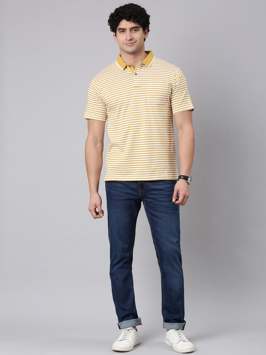 Classic Polo Men's Half Sleeve Yellow/White Polo Neck Authentic Fit Striped Cotton Blend T-Shirt | FEEDERS - 304 B AF P