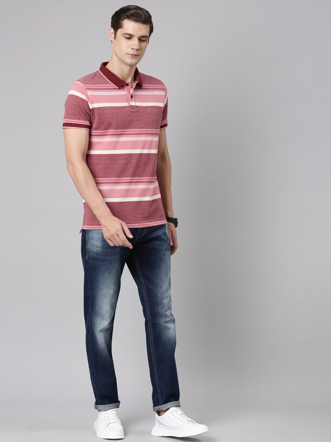 Classic Polo Men's Polo Neck Cotton Maroon Slim Fit Striped T-Shirt | ADORE-222 A SF P