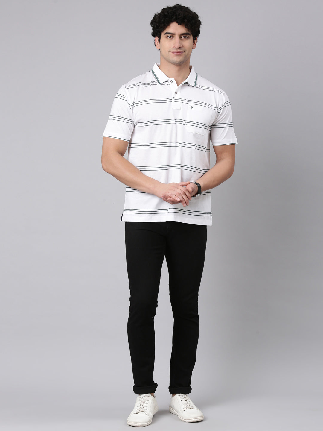 Classic Polo Men's Half Sleeve White Polo Neck Authentic Fit Striped Cotton T-Shirt | AP - 157 A AF P