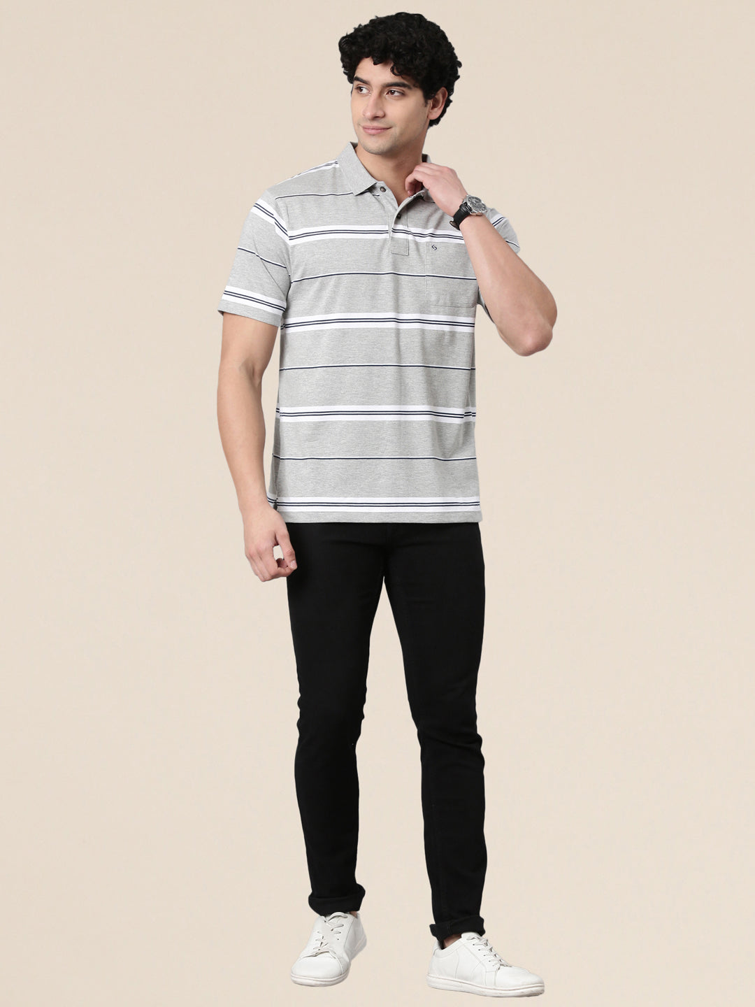 Classic Polo Men's Half Sleeve Grey Polo Neck Authentic Fit Striped Cotton Blend T-Shirt | AVON - 659 A AF P