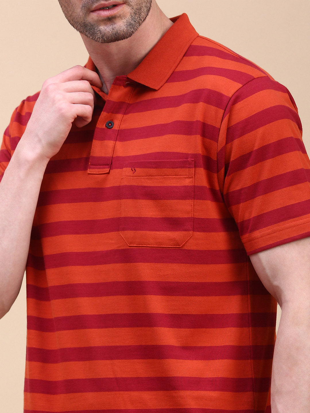 Classic Polo Men's Half Sleeve Rust/Red Polo Neck Authentic Fit Striped T-Shirt||AVON - 611 B AF P