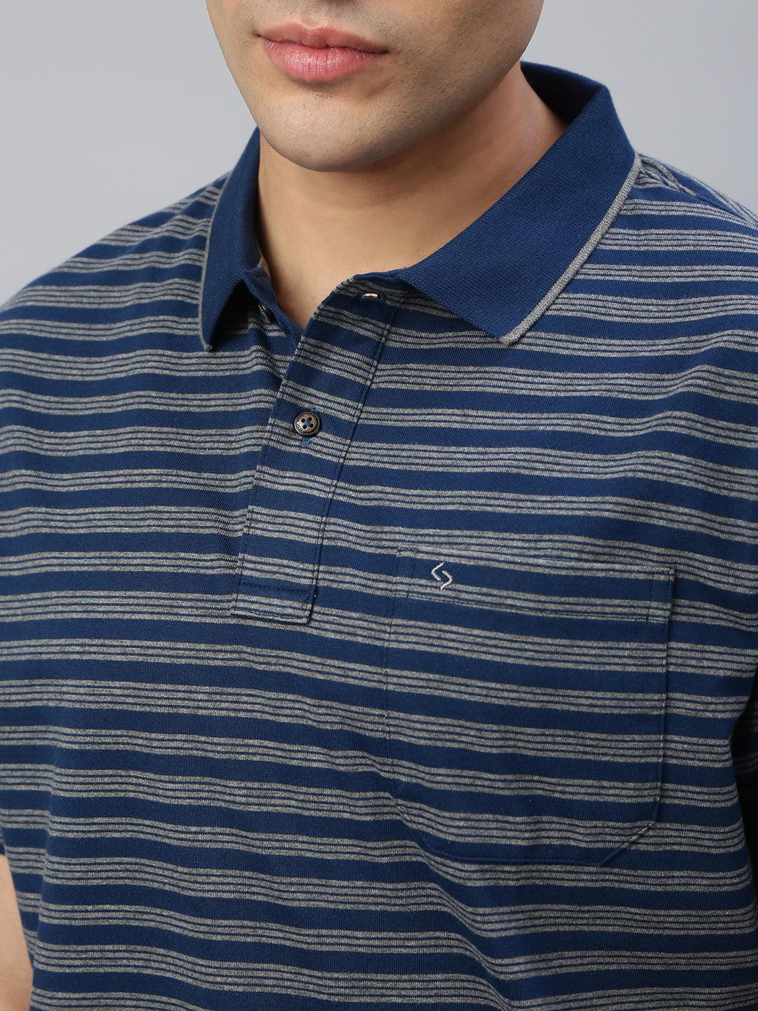 Classic Polo Men's Half Sleeve Navy Blue/Grey Polo Neck Authentic Fit Striped T-Shirt||FEEDERS - 279 A AF P
