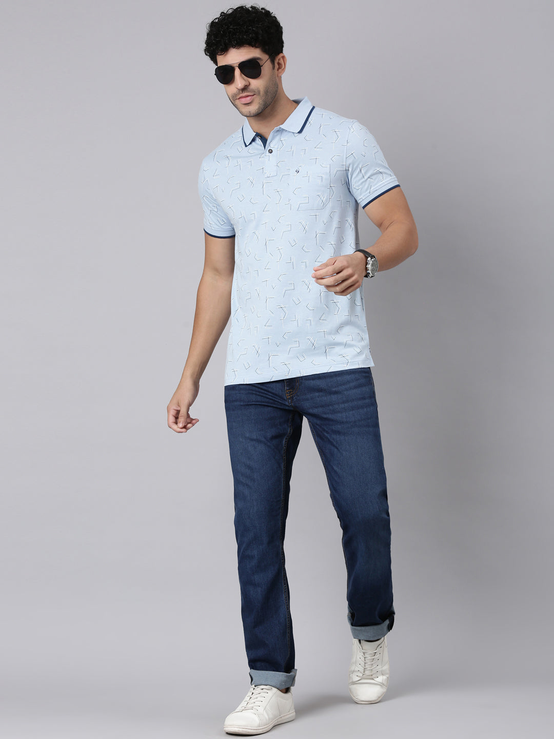 Classic Polo Men's Half Sleeve Blue Polo Neck Slim Fit All-Over Print Cotton T-Shirt | BELLO - 383 B SF P