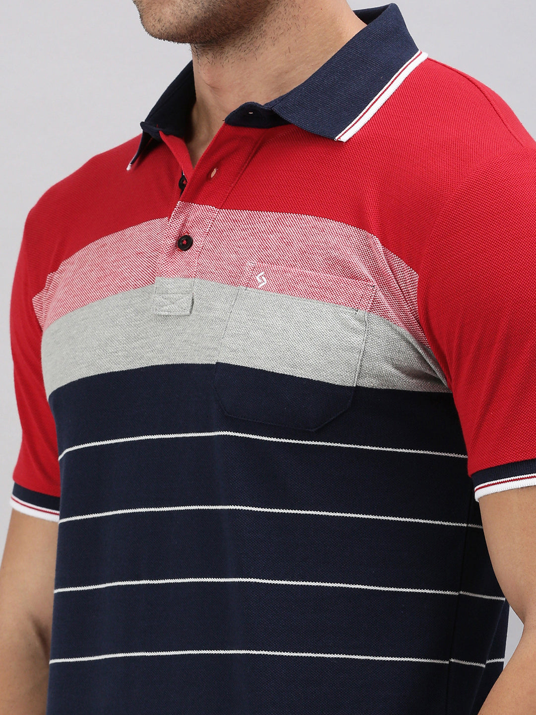 Classic Polo Men's Half Sleeve Navy Blue/Red Polo Neck Slim Fit Striped T-Shirt | VTA - 283 B SF P
