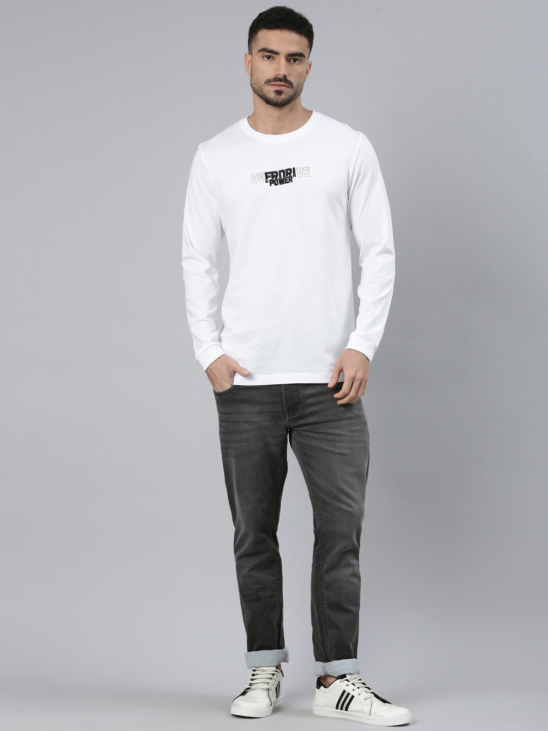 Classic Polo Men's Full Sleeve White Crew Neck Slim Fit Solid Cotton T-Shirt | GEN-X-CREW-FS 05 A SF C