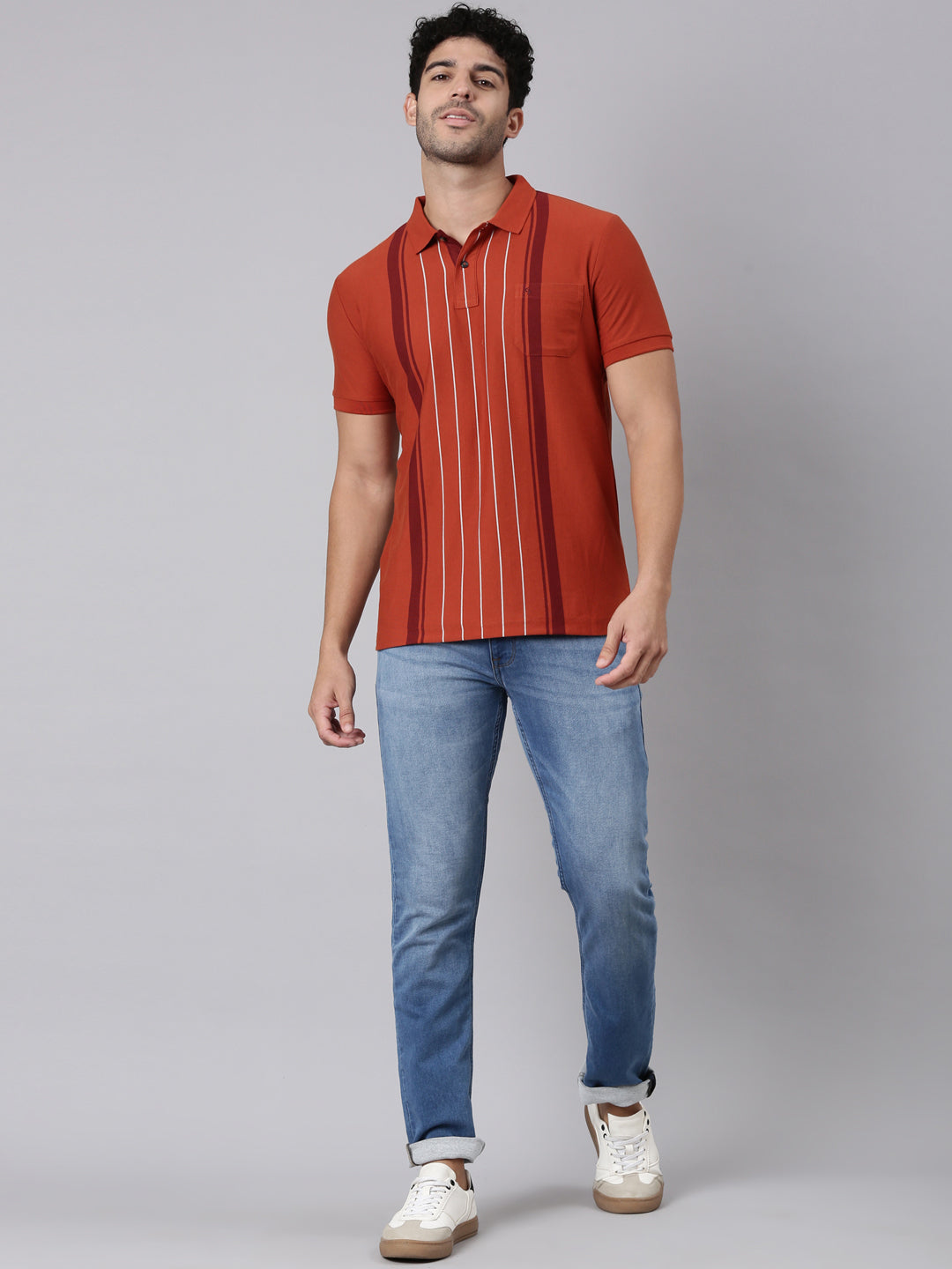 Classic Polo Men's Half Sleeve Rust Polo Neck Slim Fit Striped Cotton Blend T-Shirt | VERTICS - 125 A SF P