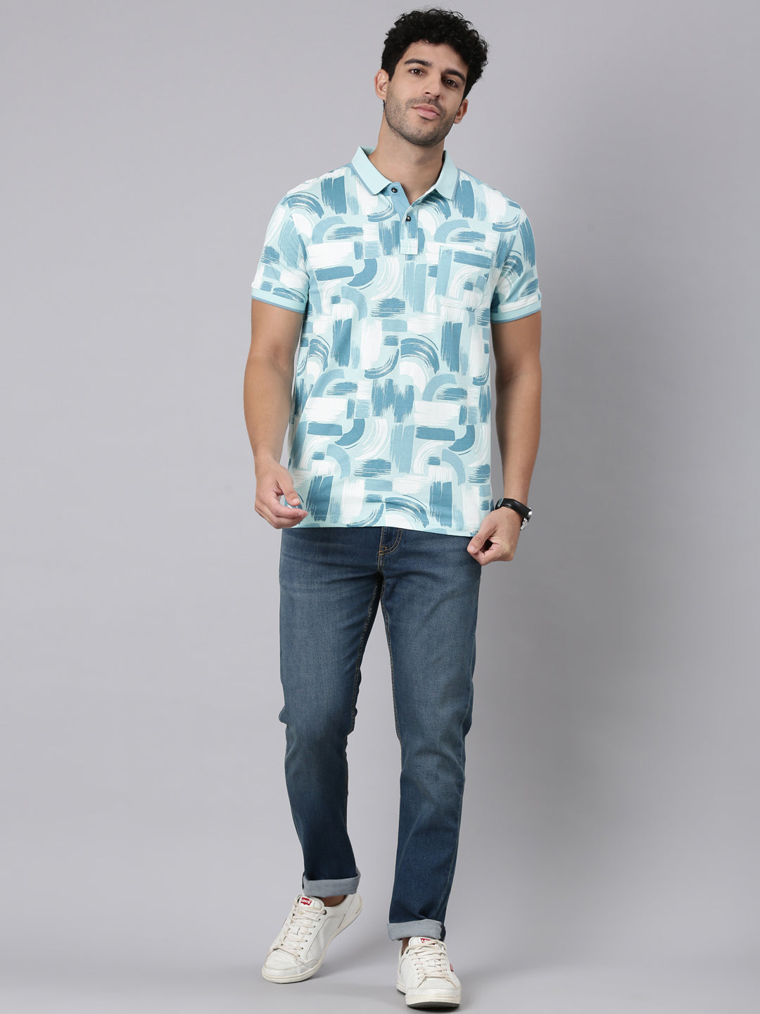 Classic Polo Men's Half Sleeve White/Blue Polo Neck Slim Fit All-Over Print Cotton T-Shirt | BELLO - 392 B SF P