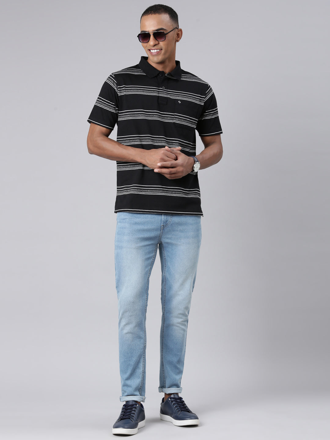 Classic Polo Mens Striped Black Polo Neck Authentic Fit T-Shirt | AVON - 560 B AF P