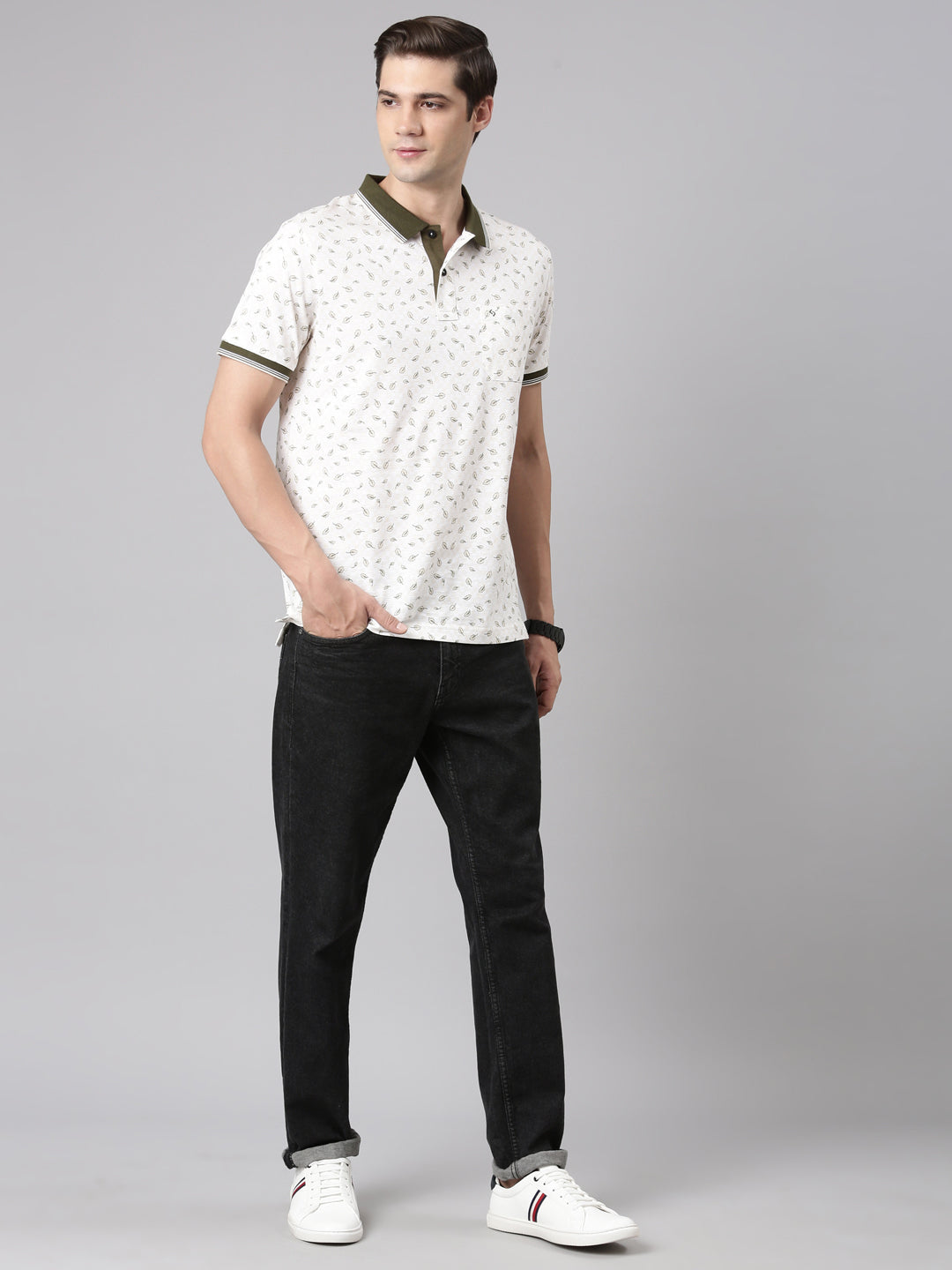 Classic Polo Men's Polo Neck Cotton White/Olive Slim Fit Printed T-Shirt | BELLO-285 B SF P