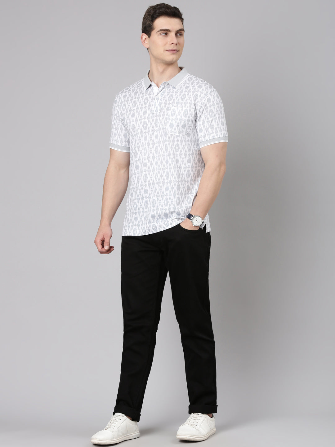 Classic Polo Men's Half Sleeve Grey/White Polo Neck Slim Fit All Over Print Cotton T-Shirt | LTS-AOP - 101 A SF P