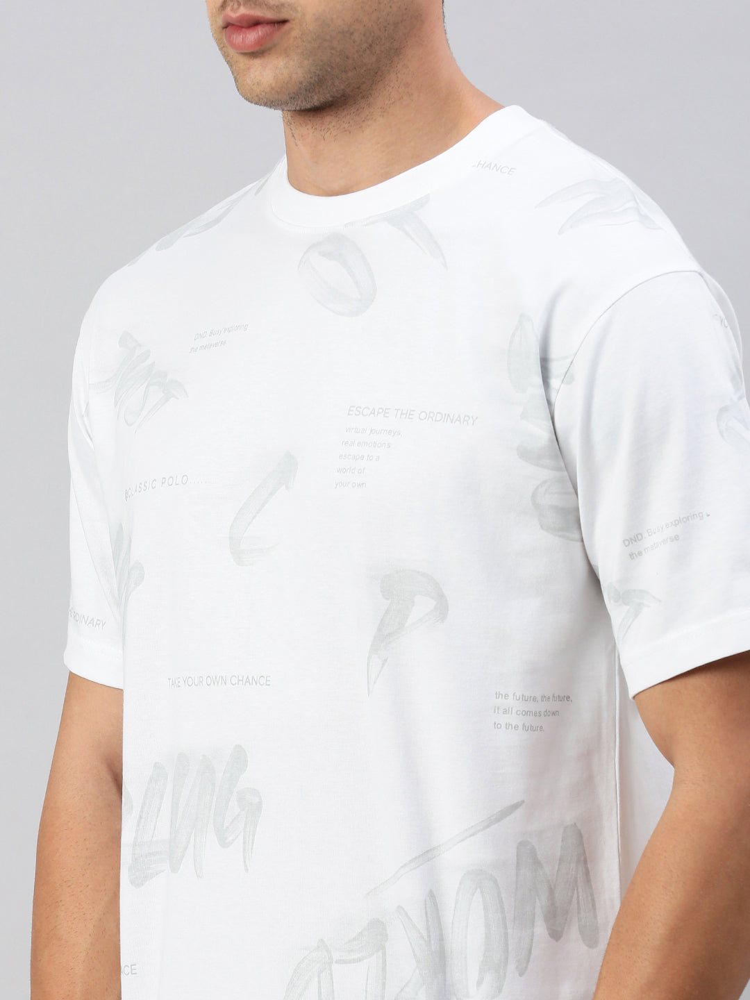 Classic Polo Men's Half Sleeve White/Grey Crew Neck Slim Fit Printed Oversized T-Shirt | GENX-CREW 57 A SF C