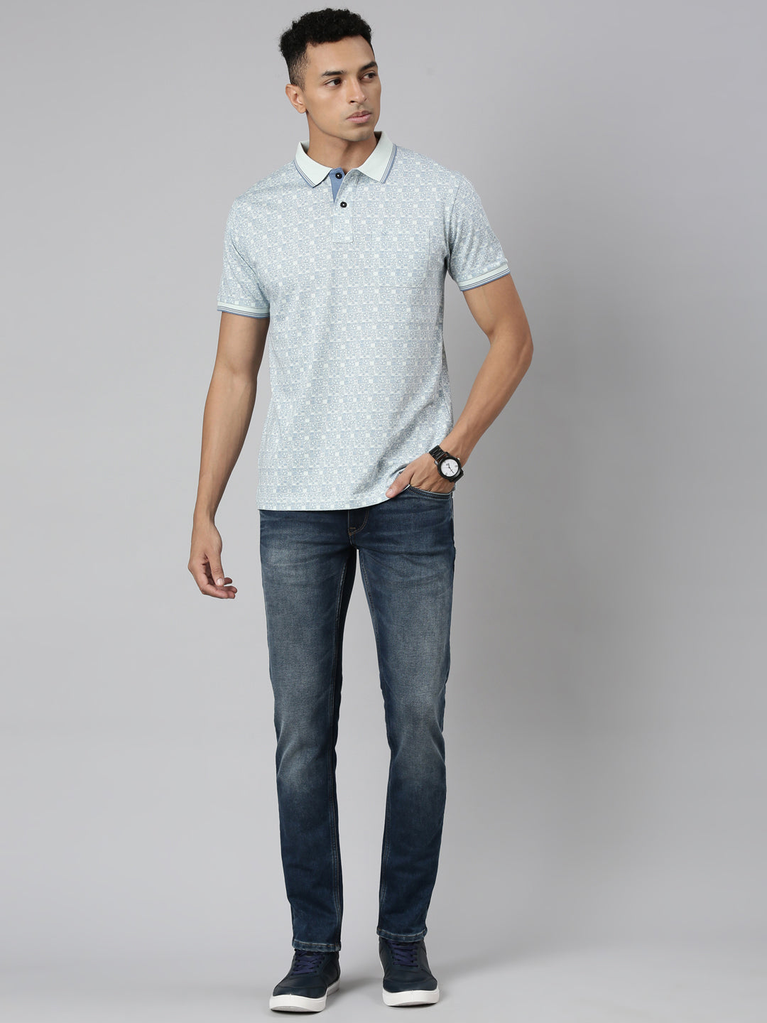 Classic Polo Men's Polo Neck Cotton Blue Slim Fit Printed T-Shirt | BELLO-282 A SF P