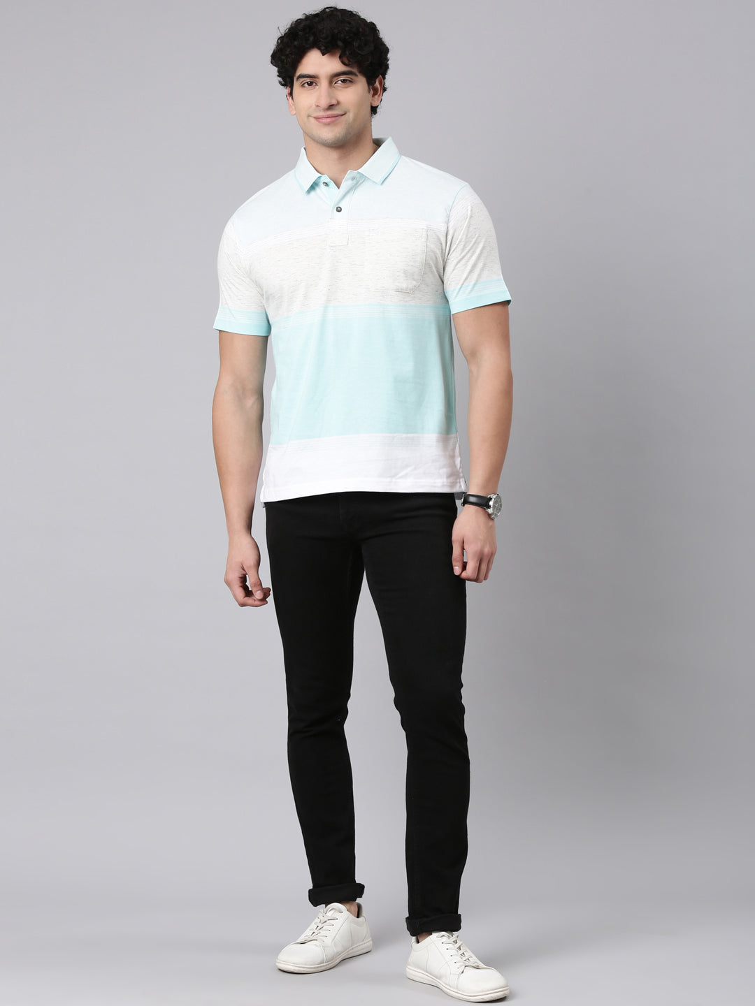Classic Polo Men's Half Sleeve Light Blue/Grey Polo Neck Authentic Fit Colorblock Cotton Blend T-Shirt | MEL - 288 A AF P