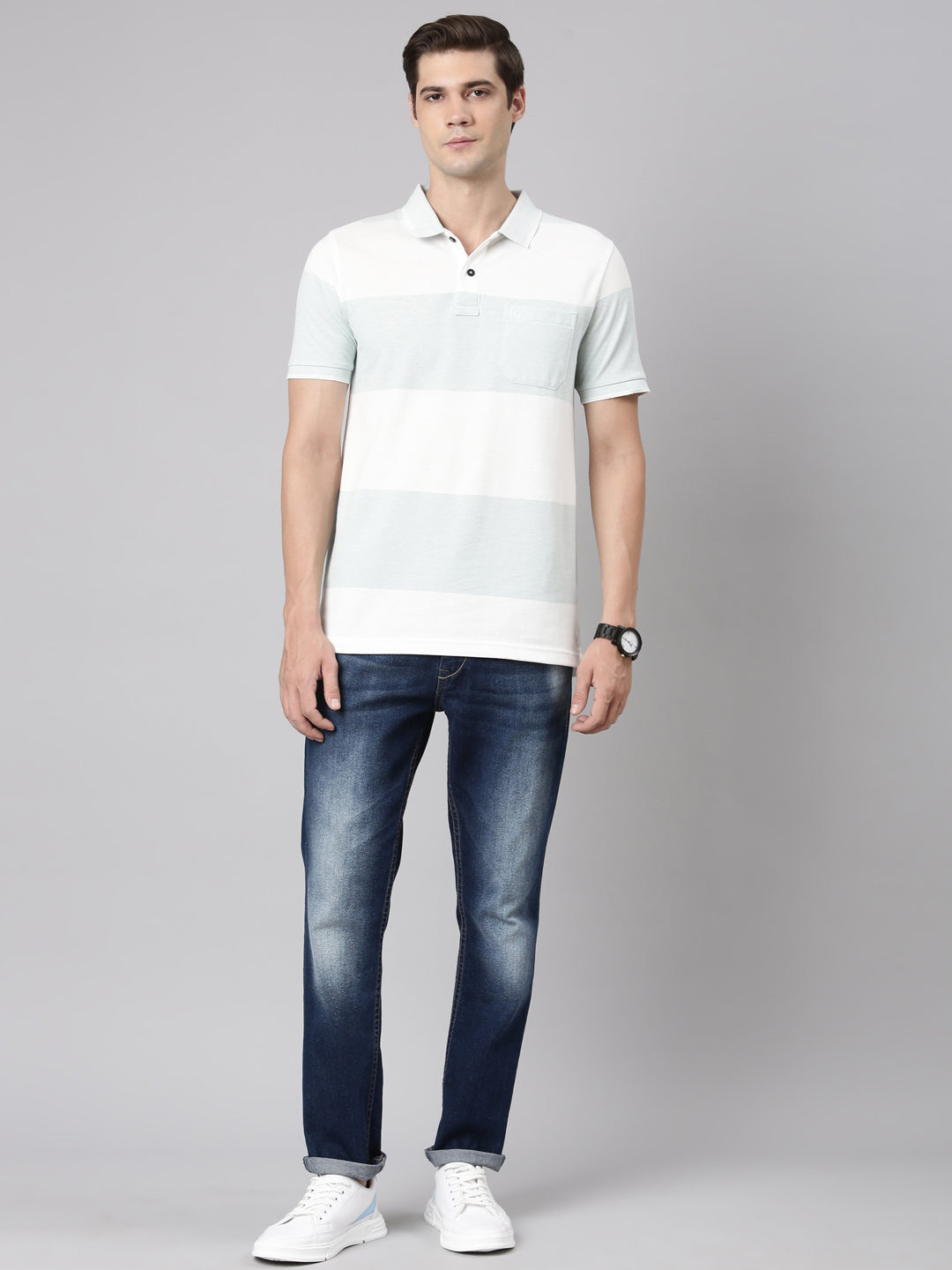 Classic Polo Men's Polo Neck Cotton Lt.Blue/White Slim Fit Striped T-Shirt | ADORE-217 B SF P