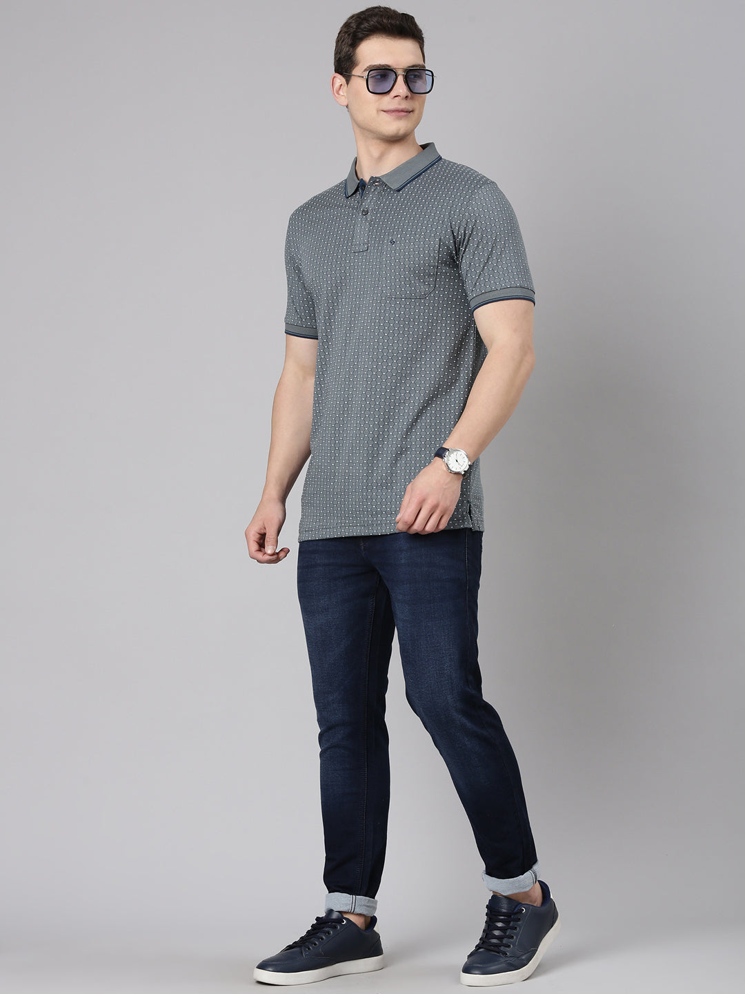 Classic Polo Men's Half Sleeve Steel Grey/Navy Polo Neck Slim Fit All Over Print Cotton T-Shirt | BELLO - 346 B SF P