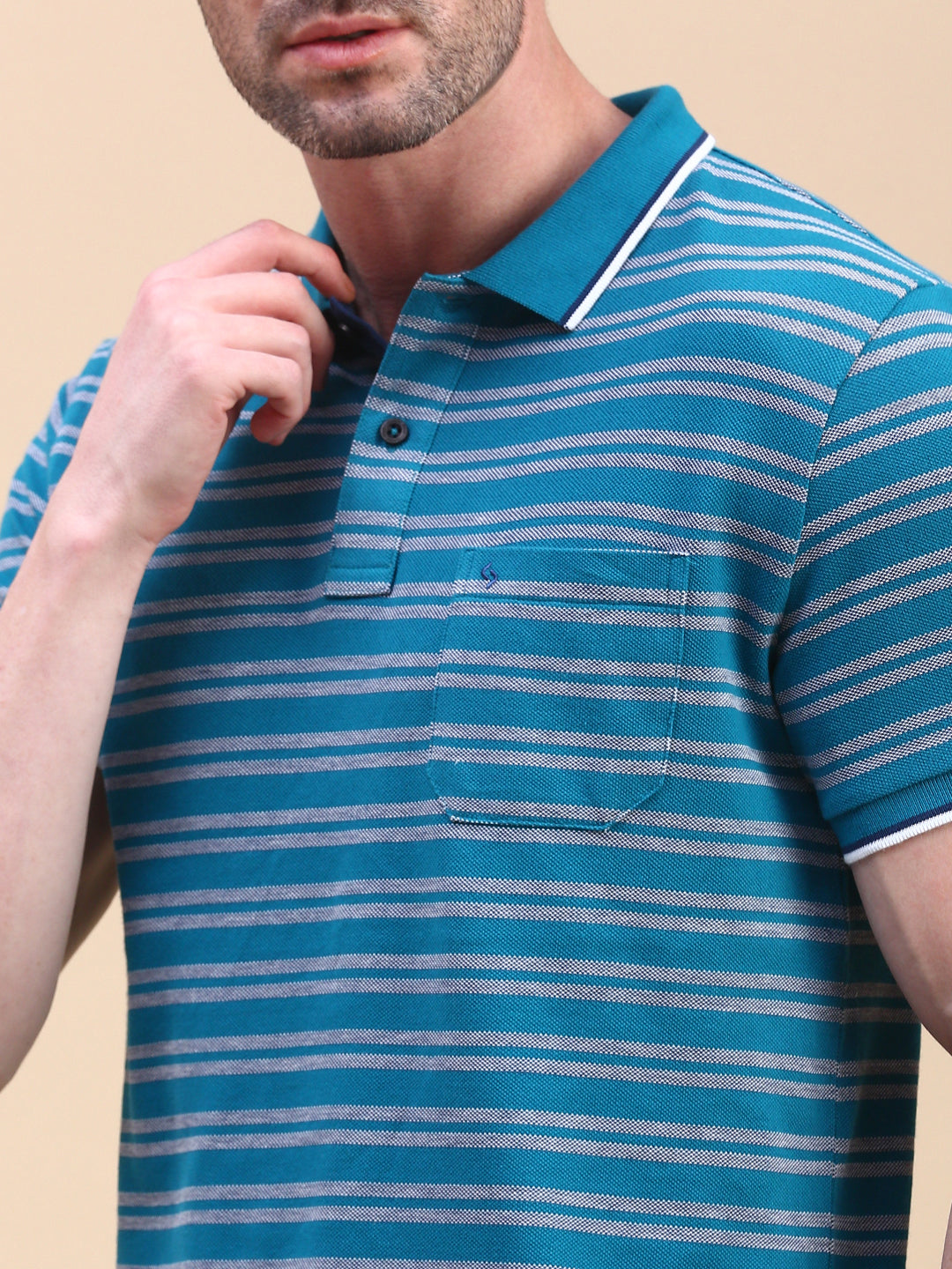 Classic Polo Men's Half Sleeve Teal Blue Polo Neck Slim Fit Striped T-Shirt||ADORE - 237 B SF P