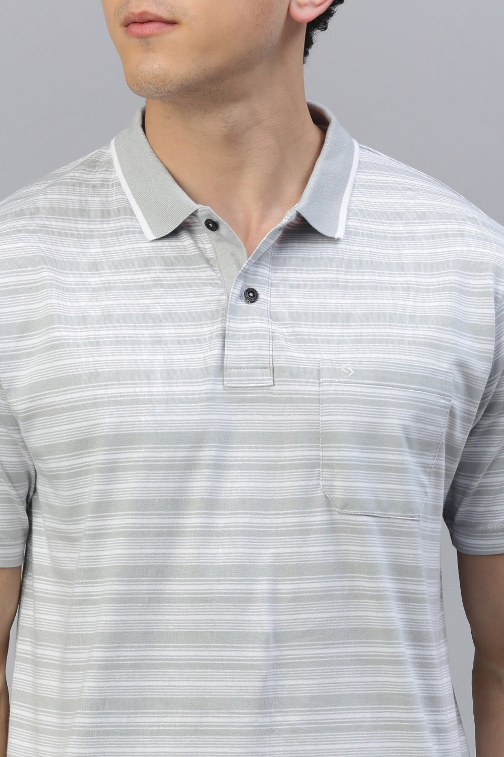 Classic Polo Men's Half Sleeve Grey/White Polo Neck Authentic Fit Striped T-Shirt | FEEDERS - 278 A AF P