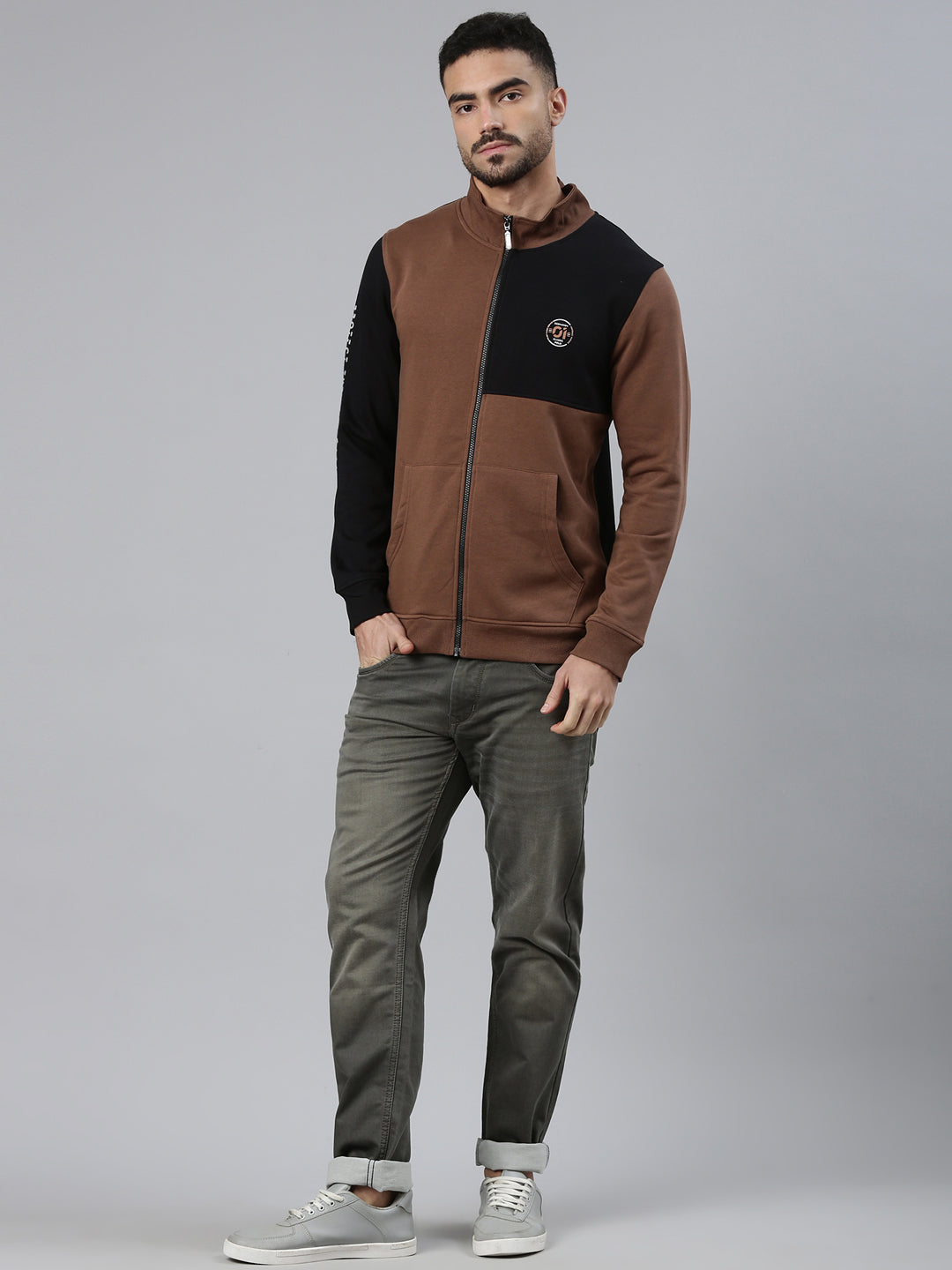 Classic Polo Men's Brown/Black High Neck Front Open Zipper Colorblock Kangaroo Pocket Sweatshirt | LSWT - 03 B