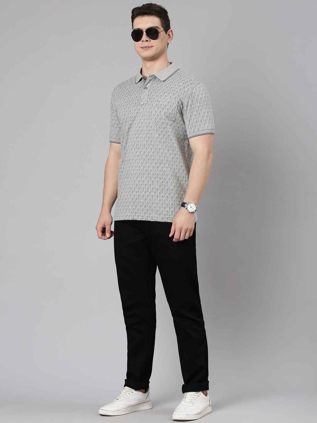 Classic Polo Men's Half Sleeve Grey Polo Neck Slim Fit All Over Print Cotton T-Shirt | BELLO - 358 B SF P