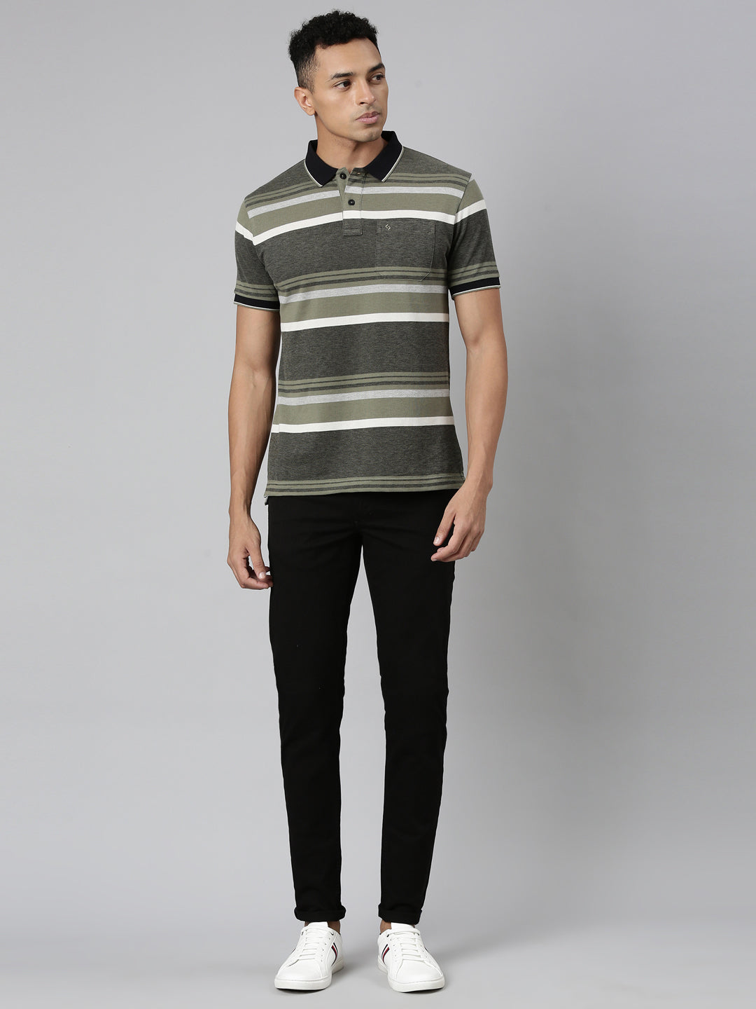 Classic Polo Men's Polo Neck Cotton Olive Green/Black Slim Fit Striped T-Shirt | ADORE-222 B SF P
