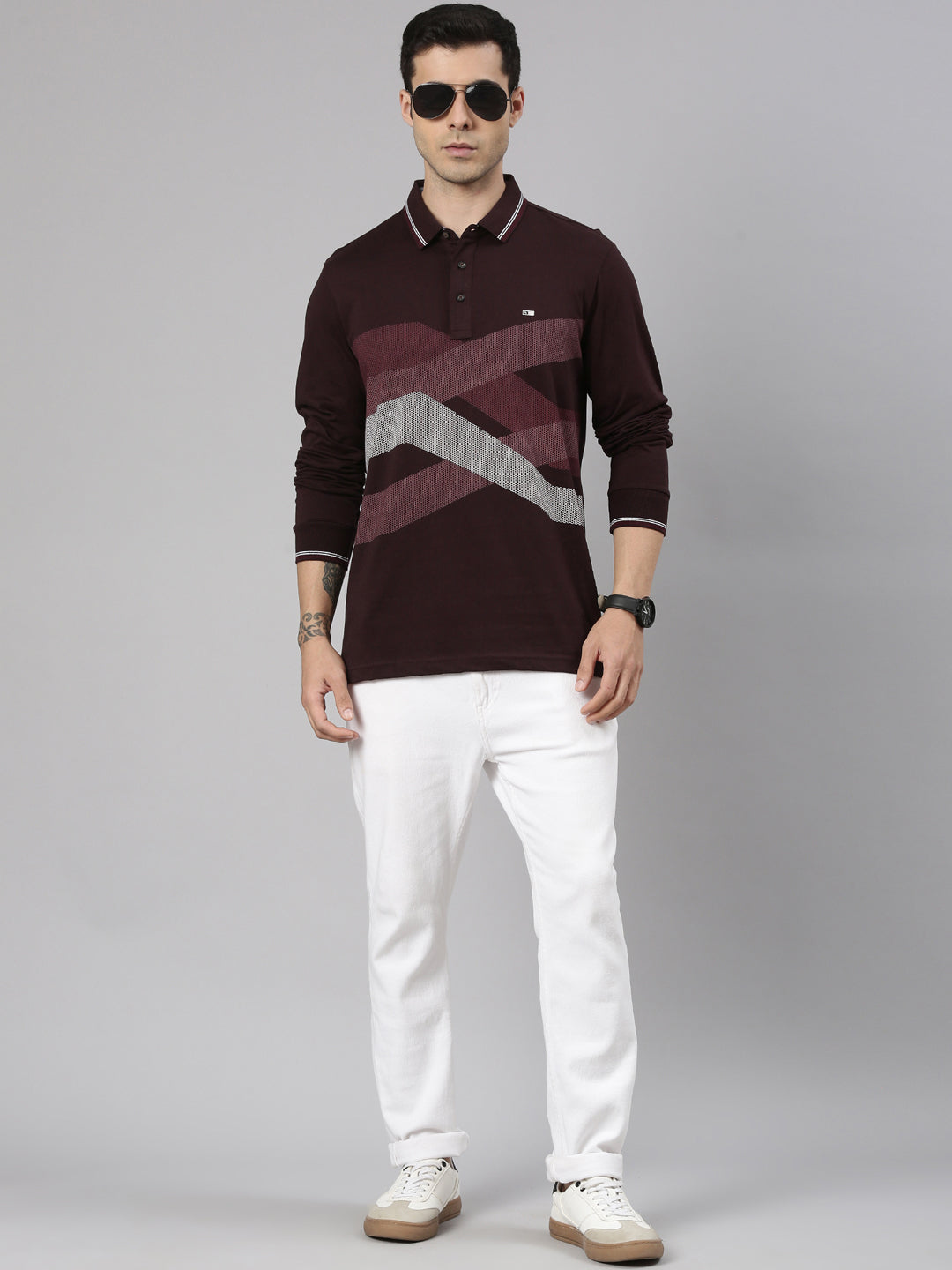 Classic Polo Men's Full Sleeve Burgundy Polo Neck Slim Fit Printed Cotton T-Shirt | VERNO - 369 B SF P