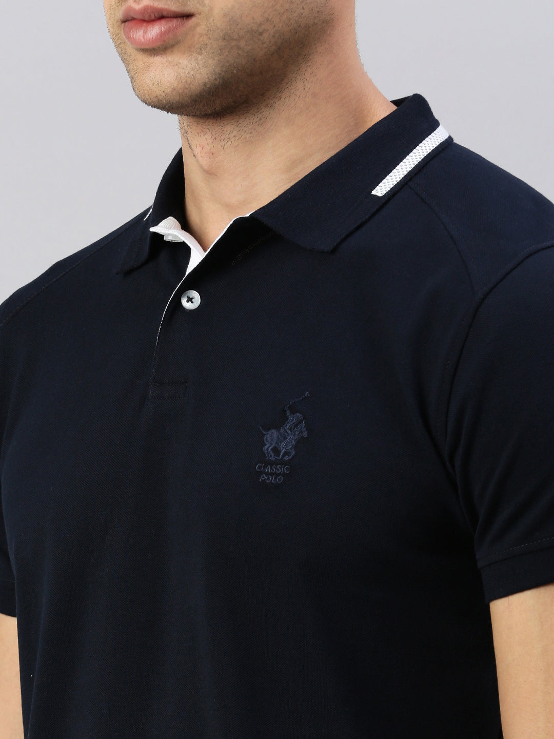 Classic Polo Men's Half Sleeve Navy Blue Polo Neck Slim Fit Solid T-Shirt | GENX-POLO 24 A SF P