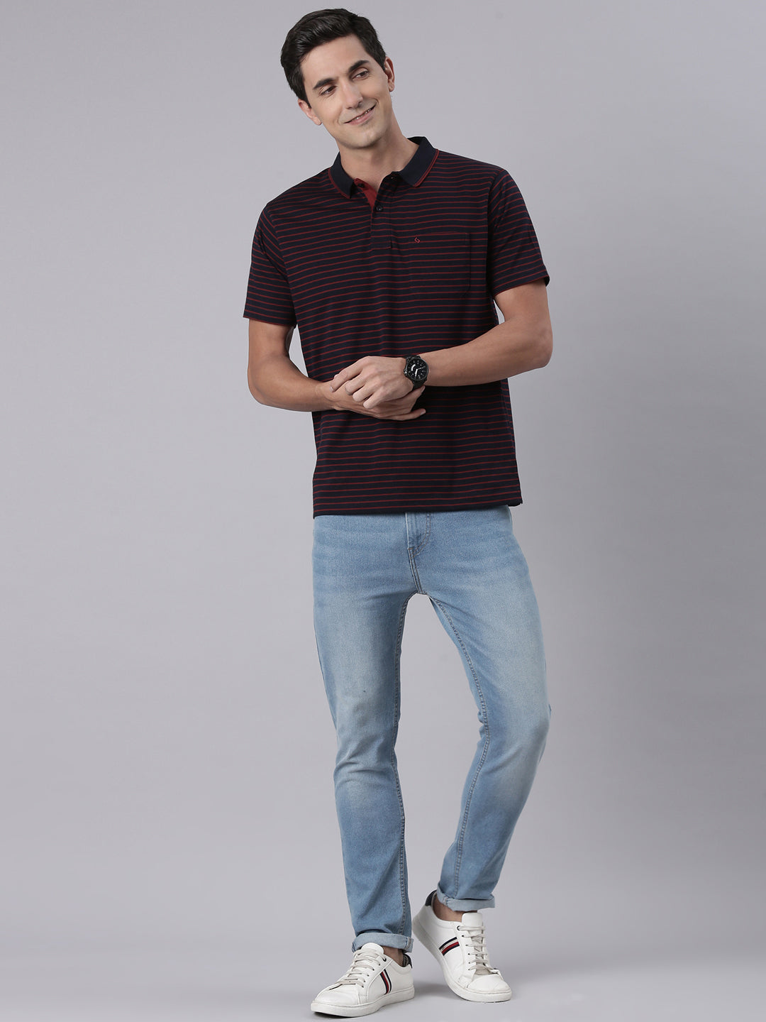 Classic Polo Men's Half Sleeve Black/Brown Polo Neck Authentic Fit Striped Cotton T-Shirt | FEEDERS - 300 A AF P