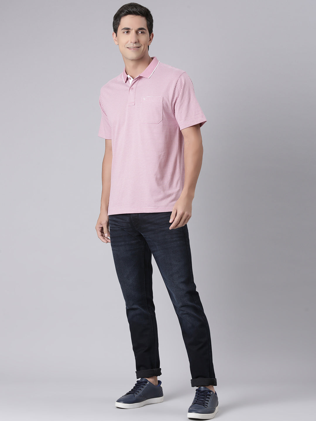 Classic Polo Men's Half Sleeve Pink/White Polo Neck Authentic Fit Striped Cotton T-Shirt | FEEDERS - 291 B AF P