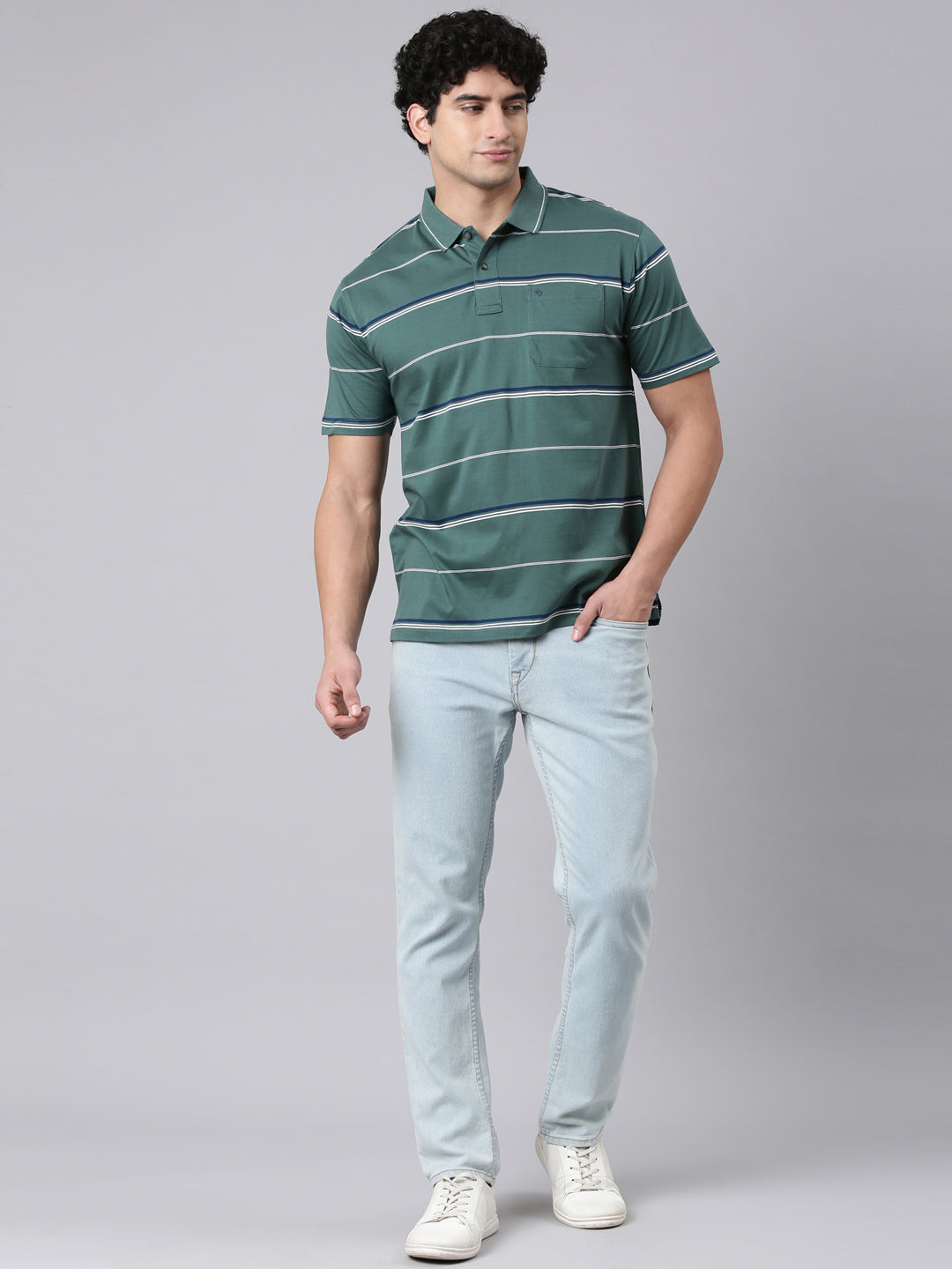 Classic Polo Men's Half Sleeve Dark Green Polo Neck Authentic Fit Striped Cotton T-Shirt | AP - 154 B AF P